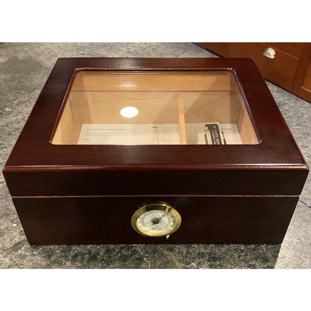 Quality Importers Desktop Humidor, Brass Ring Glass Top Hygrometer New No Box